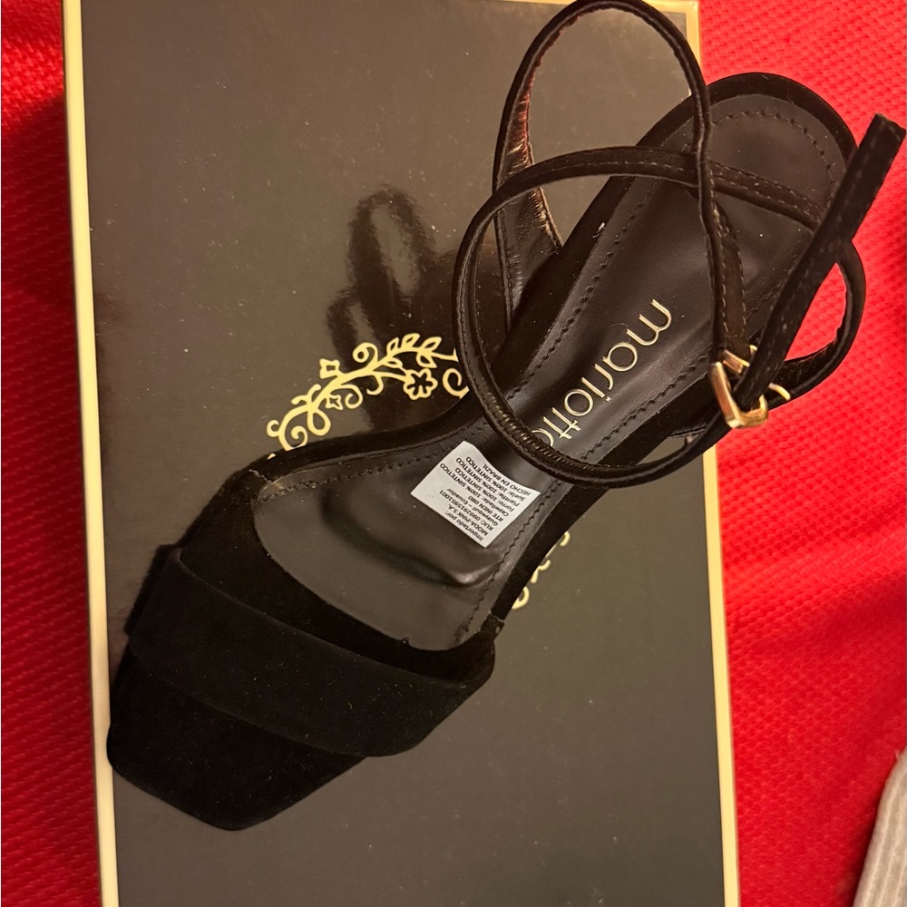 Black Suede Square-Toe Ankle-Strap Heels